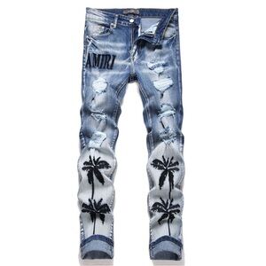 AMIRI Blue Distressed Palm Design Skinny Jeans